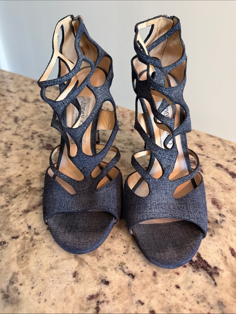 Jimmy Choo Dark Denim Cutout Cage High Heel Sandals